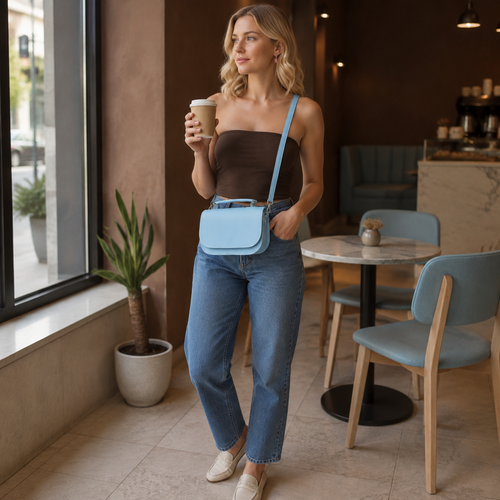Aura Handmade Leather Crossbody & Clutch Bag - Powder Blue