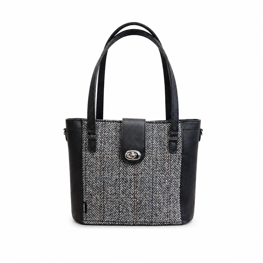 Tannery Tweed & Leather Mini Twist Lock Shopper Bag - Black