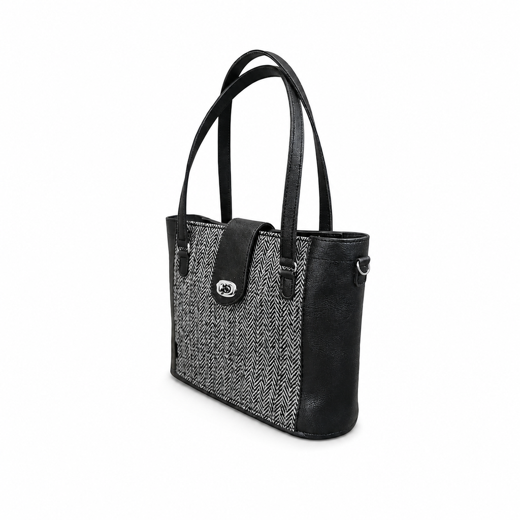 Tannery Tweed & Leather Mini Twist Lock Shopper Bag - Black