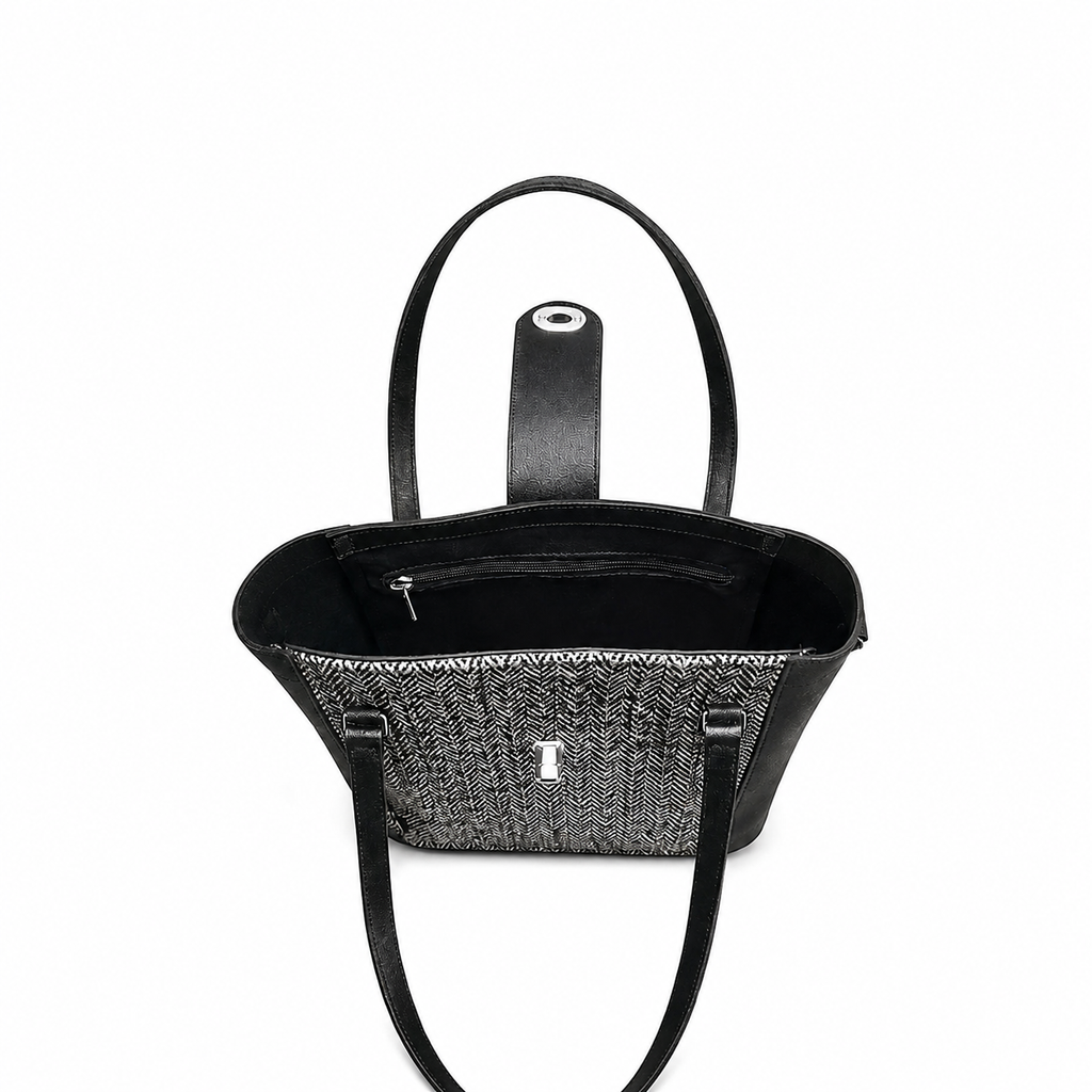 Tannery Tweed & Leather Mini Twist Lock Shopper Bag - Black