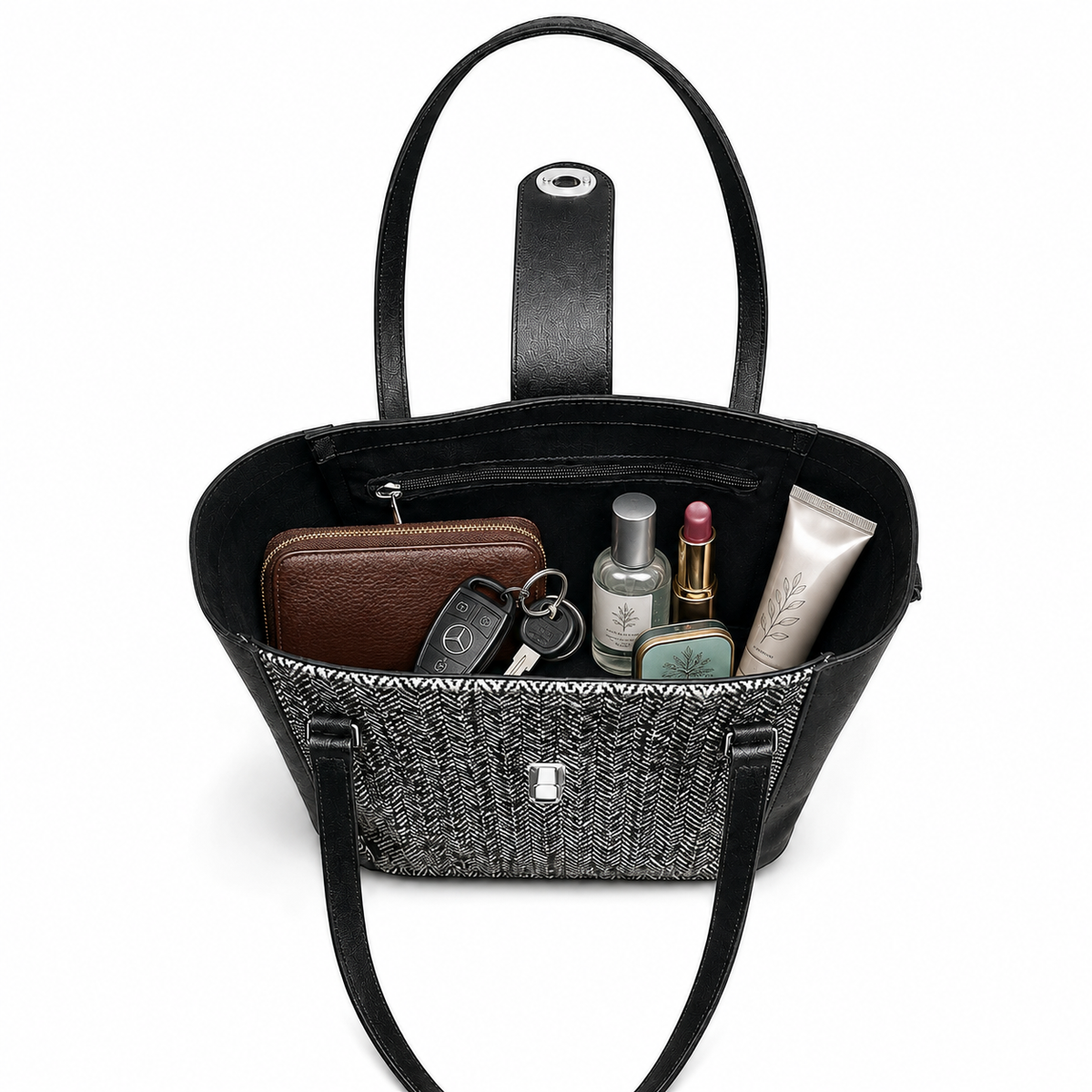 Tannery Tweed & Leather Mini Twist Lock Shopper Bag - Black