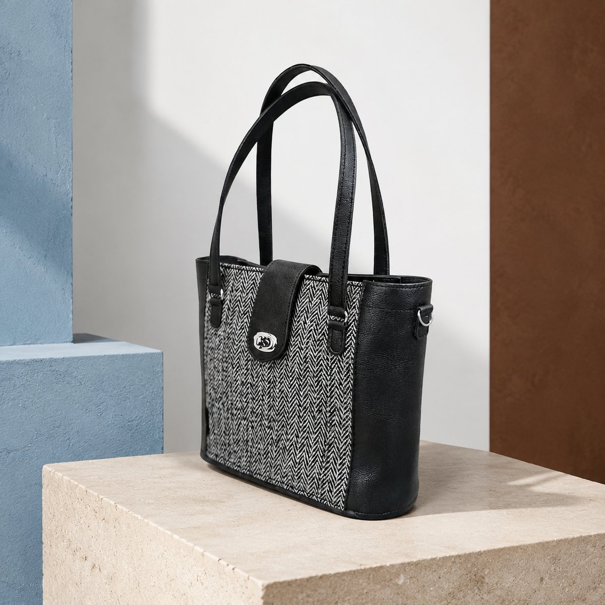 Tannery Tweed & Leather Mini Twist Lock Shopper Bag - Black
